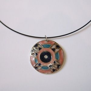 Pink Teal Enamel Silver Metal Pendant Black Neckwire Necklace Magnetic Close New